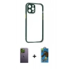 MARSİLYAN™- iPhone 12 Pro Max Kılıf Nova Asil Özel Seri - Siyah 18D Cam Ekran Koruyucu + Yeşil Neon Fosforlu Kamera Lens