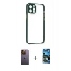 MARSİLYAN™- iPhone 12 Pro Max Kılıf Nova Asil Özel Seri - Siyah 34D Izgaralı Cam + Neon Fosforlu Kamera Lens - SI