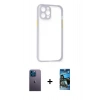 MARSİLYAN™- iPhone 12 Pro Max Kılıf Nova Asil Özel Seri - Siyah 34D Izgaralı Cam + Neon Fosforlu Kamera Lens - MI
