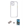 MARSİLYAN™- iPhone 12 Pro Max Kılıf Nova Asil Özel Seri - Siyah 34D Izgaralı Cam + Sierra Blue Shine Kamera Lens Koruma Cam
