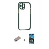 MARSİLYAN™- iPhone 12 Pro Max Kılıf Nova Asil Özel Seri - Siyah 34D Izgaralı Cam + Sierra Blue Shine Kamera Lens Koruma Cam