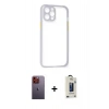 MARSİLYAN™- iPhone 12 Pro Max Kılıf Nova Asil Özel Seri - Siyah Bilvis Hayalet Cam Ekran Koruyucu + Turuncu Neon Fosforlu Kamera Lens