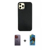 MARSİLYAN™- iPhone 12 Pro Max Kılıf Nova Çizgi - Siyah 18D Cam Ekran Koruyucu + Neon Fosforlu Kamera Lens - TU