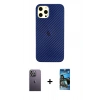 MARSİLYAN™- iPhone 12 Pro Max Kılıf Nova Çizgi - Siyah 34D Izgaralı Cam + Neon Fosforlu Kamera Lens - BZ