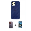 MARSİLYAN™- iPhone 12 Pro Max Kılıf Nova Çizgi - Siyah 34D Izgaralı Cam + Neon Fosforlu Kamera Lens - TU