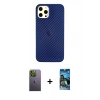 MARSİLYAN™- iPhone 12 Pro Max Kılıf Nova Çizgi - Siyah 34D Izgaralı Cam + Neon Fosforlu Kamera Lens - YL
