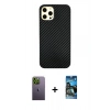 MARSİLYAN™- iPhone 12 Pro Max Kılıf Nova Çizgi - Siyah 34D Izgaralı Cam + Neon Fosforlu Kamera Lens - YL