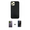 MARSİLYAN™- iPhone 12 Pro Max Kılıf Nova Çizgi - Siyah 3D Antistatik Hayalet Cam Ekran Koruyucu + Neon Fosforlu Kamera Lens - YL