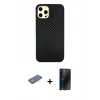 MARSİLYAN™- iPhone 12 Pro Max Kılıf Nova Çizgi - Siyah 3D Antistatik Hayalet Cam Ekran Koruyucu + Renkli Kamera Lens Koruma Cam - PE