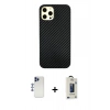 MARSİLYAN™- iPhone 12 Pro Max Kılıf Nova Çizgi - Siyah Bilvis Hayalet Cam Ekran Koruyucu + Lacivert Shine Kamera Lens