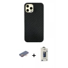 MARSİLYAN™- iPhone 12 Pro Max Kılıf Nova Çizgi - Siyah Bilvis Hayalet Cam Ekran Koruyucu + Turuncu Renkli Kamera Lens Koruma Cam