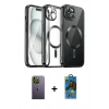 MARSİLYAN™- iPhone 12 Pro Max Kılıf Nova Işık Özel Seri - Siyah 18D Cam Ekran Koruyucu + Neon Fosforlu Kamera Lens - YL
