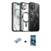 MARSİLYAN™- iPhone 12 Pro Max Kılıf Nova Işık Özel Seri - Siyah 34D Izgaralı Cam + Mavi Shine Kamera Lens Koruma Cam