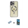 MARSİLYAN™- iPhone 12 Pro Max Kılıf Nova Işık Özel Seri - Siyah 34D Izgaralı Cam + Mavi Shine Kamera Lens Koruma Cam