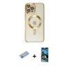 MARSİLYAN™- iPhone 12 Pro Max Kılıf Nova Işık Özel Seri - Siyah 34D Izgaralı Cam + Mavi Shine Kamera Lens Koruma Cam