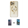 MARSİLYAN™- iPhone 12 Pro Max Kılıf Nova Işık Özel Seri - Siyah 34D Izgaralı Cam + Neon Fosforlu Kamera Lens - MI