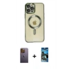 MARSİLYAN™- iPhone 12 Pro Max Kılıf Nova Işık Özel Seri - Siyah 34D Izgaralı Cam + Neon Fosforlu Kamera Lens - SI
