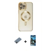 MARSİLYAN™- iPhone 12 Pro Max Kılıf Nova Işık Özel Seri - Siyah 34D Izgaralı Cam + Siyah Shine Kamera Lens Koruma Cam