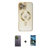 MARSİLYAN™- iPhone 12 Pro Max Kılıf Nova Işık Özel Seri - Siyah 34D Izgaralı Cam + Neon Fosforlu Kamera Lens - YL