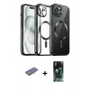 MARSİLYAN™- iPhone 12 Pro Max Kılıf Nova Işık Özel Seri - Siyah 360 Mat Full Body Arka Koruyucu + Pembe Renkli Kamera Lens Koruma Cam