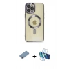 MARSİLYAN™- iPhone 12 Pro Max Kılıf Nova Işık Özel Seri - Siyah 3D Antistatik Cam Ekran Koruyucu + Gümüş Shine Kamera Lens Koruma Cam