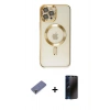 MARSİLYAN™- iPhone 12 Pro Max Kılıf Nova Işık Özel Seri - Siyah 3D Antistatik Hayalet Cam Ekran Koruyucu + Gold Metal Kamera Lens Koruma Cam