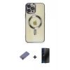 MARSİLYAN™- iPhone 12 Pro Max Kılıf Nova Işık Özel Seri - Siyah 3D Antistatik Hayalet Cam Ekran Koruyucu + Gold Metal Kamera Lens Koruma Cam