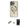 MARSİLYAN™- iPhone 12 Pro Max Kılıf Nova Işık Özel Seri - Siyah 3D Antistatik Hayalet Cam Ekran Koruyucu + Shine Kamera Lens Koruma Cam - SABE
