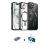 MARSİLYAN™- iPhone 12 Pro Max Kılıf Nova Işık Özel Seri - Siyah 3D Antistatik Seramik Nano Ekran Koruyucu + Mavi Renkli Kamera Lens Koruma Cam