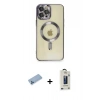 MARSİLYAN™- iPhone 12 Pro Max Kılıf Nova Işık Özel Seri - Siyah Bilvis Hayalet Cam Ekran Koruyucu + Mavi Shine Kamera Lens Koruma Cam