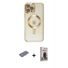 MARSİLYAN™- iPhone 12 Pro Max Kılıf Nova Işık Özel Seri - Siyah Bilvis Hayalet Cam Ekran Koruyucu + Sarı Renkli Kamera Lens Koruma Cam