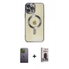 MARSİLYAN™- iPhone 12 Pro Max Kılıf Nova Işık Özel Seri - Siyah Bilvis Hayalet Cam Ekran Koruyucu + Yeşil Neon Fosforlu Kamera Lens
