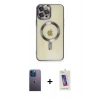 MARSİLYAN™- iPhone 12 Pro Max Kılıf Nova Işık Özel Seri - Siyah Joko 5D Cam + Mavi Neon Fosforlu Kamera Lens