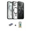 MARSİLYAN™- iPhone 12 Pro Max Kılıf Nova Işık Özel Seri - Siyah Polymer Nano Ekran Koruyucu + Pembe Renkli Kamera Lens Koruma Cam