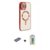 MARSİLYAN™- iPhone 12 Pro Max Kılıf Nova Işık Özel Seri - Siyah Polymer Nano Ekran Koruyucu + Pembe Renkli Kamera Lens Koruma Cam