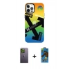 MARSİLYAN™- iPhone 12 Pro Max Kılıf Siluet Çizgi Koleksiyonu - Siyah 18D Cam Ekran Koruyucu + Neon Fosforlu Kamera Lens - YL