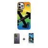MARSİLYAN™- iPhone 12 Pro Max Kılıf Siluet Çizgi Koleksiyonu - Siyah 34D Izgaralı Cam + Neon Fosforlu Kamera Lens - YL