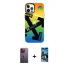 MARSİLYAN™- iPhone 12 Pro Max Kılıf Siluet Çizgi Koleksiyonu - Siyah 34D Izgaralı Cam + Turuncu Neon Fosforlu Kamera Lens