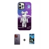 MARSİLYAN™- iPhone 12 Pro Max Kılıf Siluet Çizgi Koleksiyonu - Siyah 34D Izgaralı Cam + Turuncu Neon Fosforlu Kamera Lens