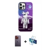 MARSİLYAN™- iPhone 12 Pro Max Kılıf Siluet Çizgi Koleksiyonu - Siyah 3D Antistatik Cam Ekran Koruyucu + Neon Fosforlu Kamera Lens - TU