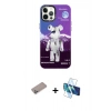 MARSİLYAN™- iPhone 12 Pro Max Kılıf Siluet Çizgi Koleksiyonu - Siyah 3D Antistatik Cam Ekran Koruyucu + Sierra Blue Shine Kamera Lens Koruma Cam