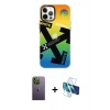 MARSİLYAN™- iPhone 12 Pro Max Kılıf Siluet Çizgi Koleksiyonu - Siyah 3D Antistatik Cam Ekran Koruyucu + Neon Fosforlu Kamera Lens - YL