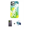 MARSİLYAN™- iPhone 12 Pro Max Kılıf Siluet Çizgi Koleksiyonu - Siyah 3D Antistatik Cam Ekran Koruyucu + Neon Fosforlu Kamera Lens - YL