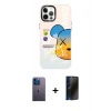 MARSİLYAN™- iPhone 12 Pro Max Kılıf Siluet Çizgi Koleksiyonu - Siyah 3D Antistatik Hayalet Cam Ekran Koruyucu + Mavi Neon Fosforlu Kamera Lens