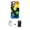 MARSİLYAN™- iPhone 12 Pro Max Kılıf Siluet Çizgi Koleksiyonu - Siyah 3D Antistatik Hayalet Cam Ekran Koruyucu + Shine Kamera Lens - LT