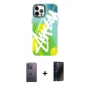 MARSİLYAN™- iPhone 12 Pro Max Kılıf Siluet Çizgi Koleksiyonu - Siyah 3D Antistatik Hayalet Cam Ekran Koruyucu + Neon Fosforlu Kamera Lens - BZ