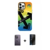 MARSİLYAN™- iPhone 12 Pro Max Kılıf Siluet Çizgi Koleksiyonu - Siyah 3D Antistatik Hayalet Cam Ekran Koruyucu + Neon Fosforlu Kamera Lens - BZ