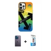 MARSİLYAN™- iPhone 12 Pro Max Kılıf Siluet Çizgi Koleksiyonu - Siyah 5D Eko Cam Ekran Koruyucu + Neon Fosforlu Kamera Lens - MI