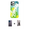 MARSİLYAN™- iPhone 12 Pro Max Kılıf Siluet Çizgi Koleksiyonu - Siyah Bilvis Hayalet Cam Ekran Koruyucu + Neon Fosforlu Kamera Lens - MI