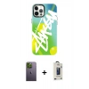 MARSİLYAN™- iPhone 12 Pro Max Kılıf Siluet Çizgi Koleksiyonu - Siyah Bilvis Hayalet Cam Ekran Koruyucu + Yeşil Neon Fosforlu Kamera Lens